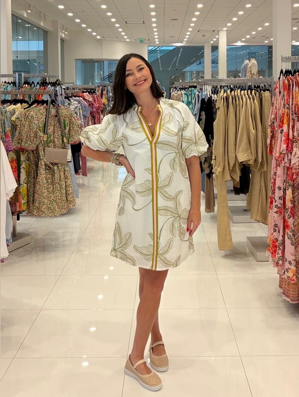 THML White Floral Mini Dress with Olive Trim